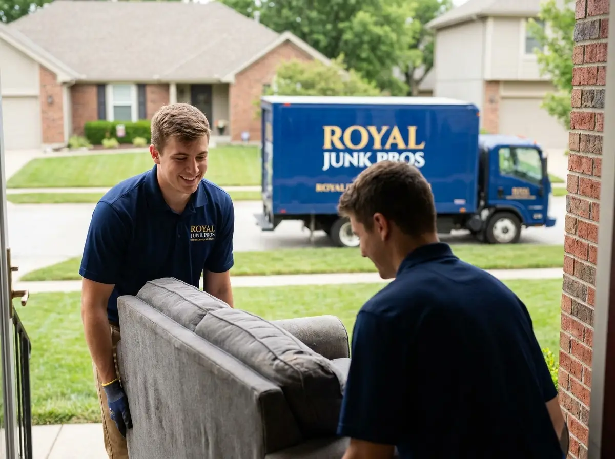 Royal Junk Pros crew carrying a couch out of a Kansas City home