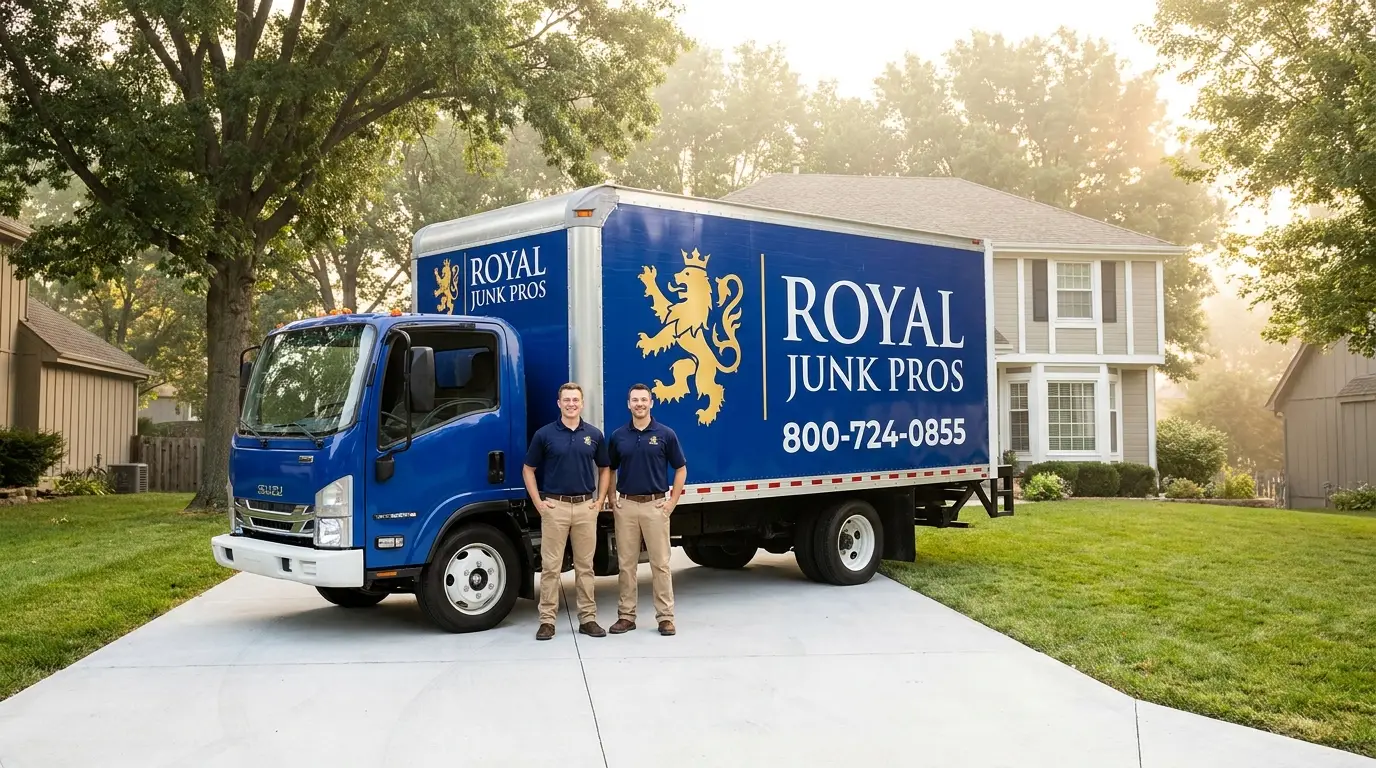 Camión envuelto de Royal Junk Pros y cuadrilla uniformada haciendo un servicio de remoción de basura el mismo día en Kansas City