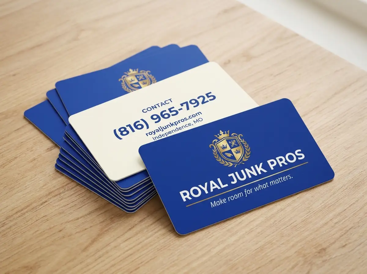 Royal Junk Pros business card stack — royal blue front, cream back