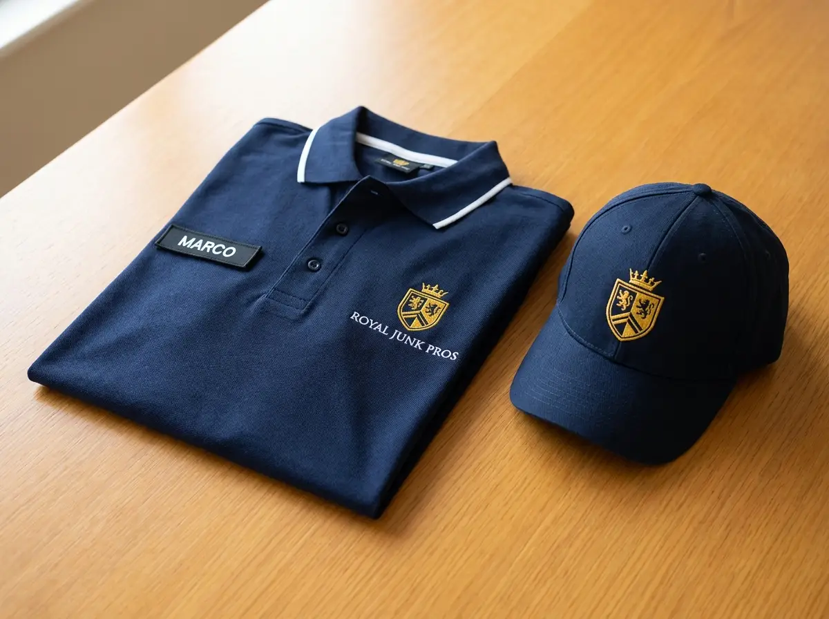 Navy Royal Junk Pros polo shirt and matching cap with embroidered gold crest