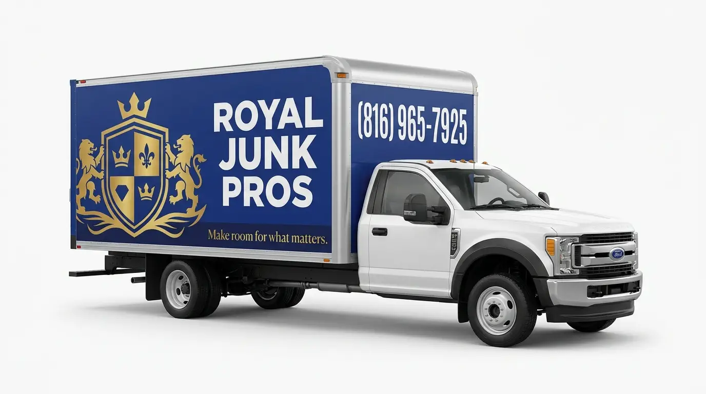 Royal Junk Pros branded box truck with royal blue wrap and gold accents