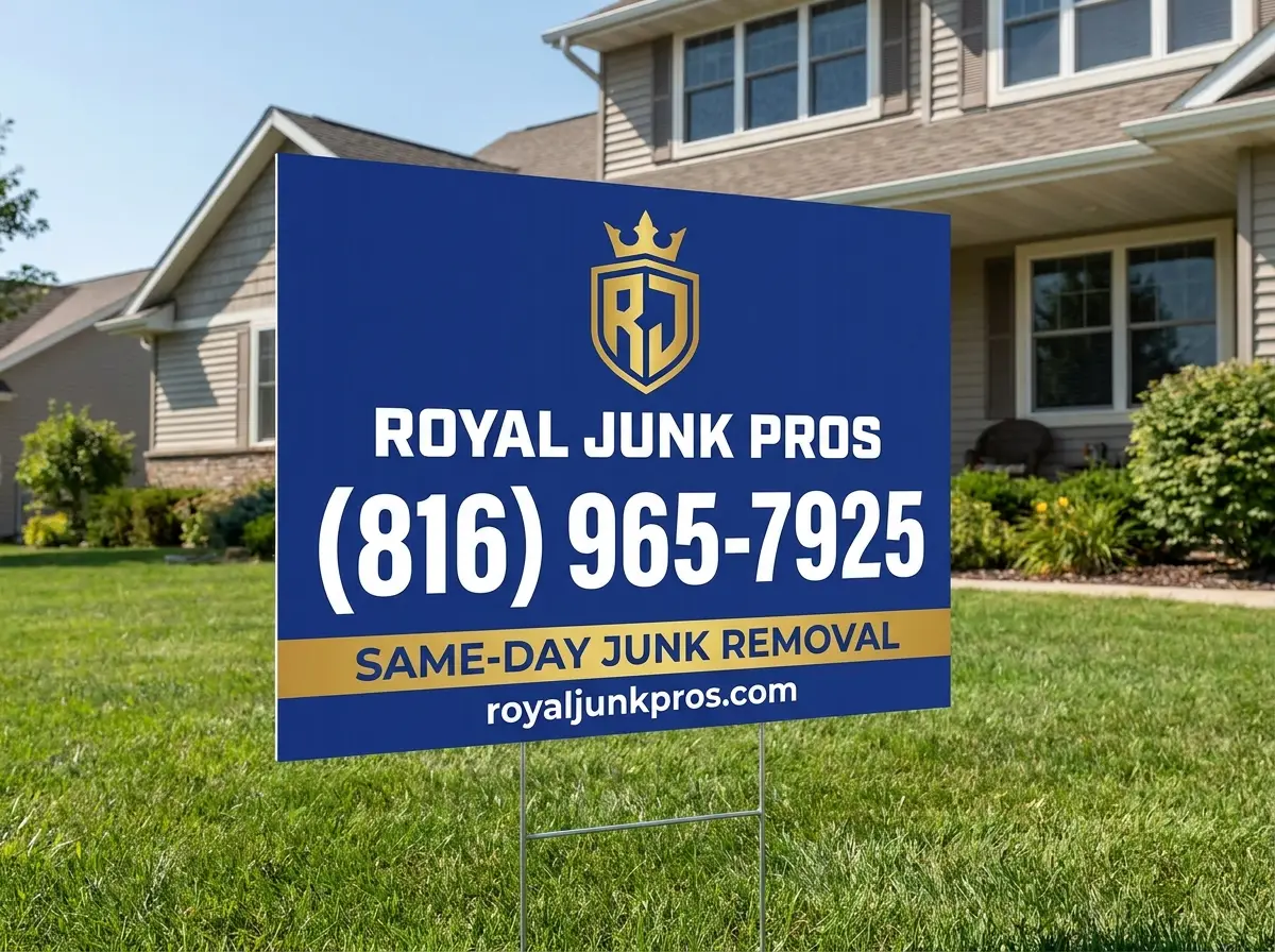 Royal Junk Pros yard sign staked in a residential lawn